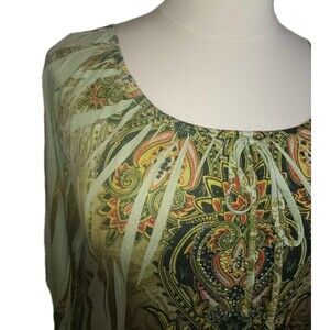 NWT SAINT TROPEZ WEST Womens 1X Boho Peasant Green Paisley Bling 3/4 Sleeve Top